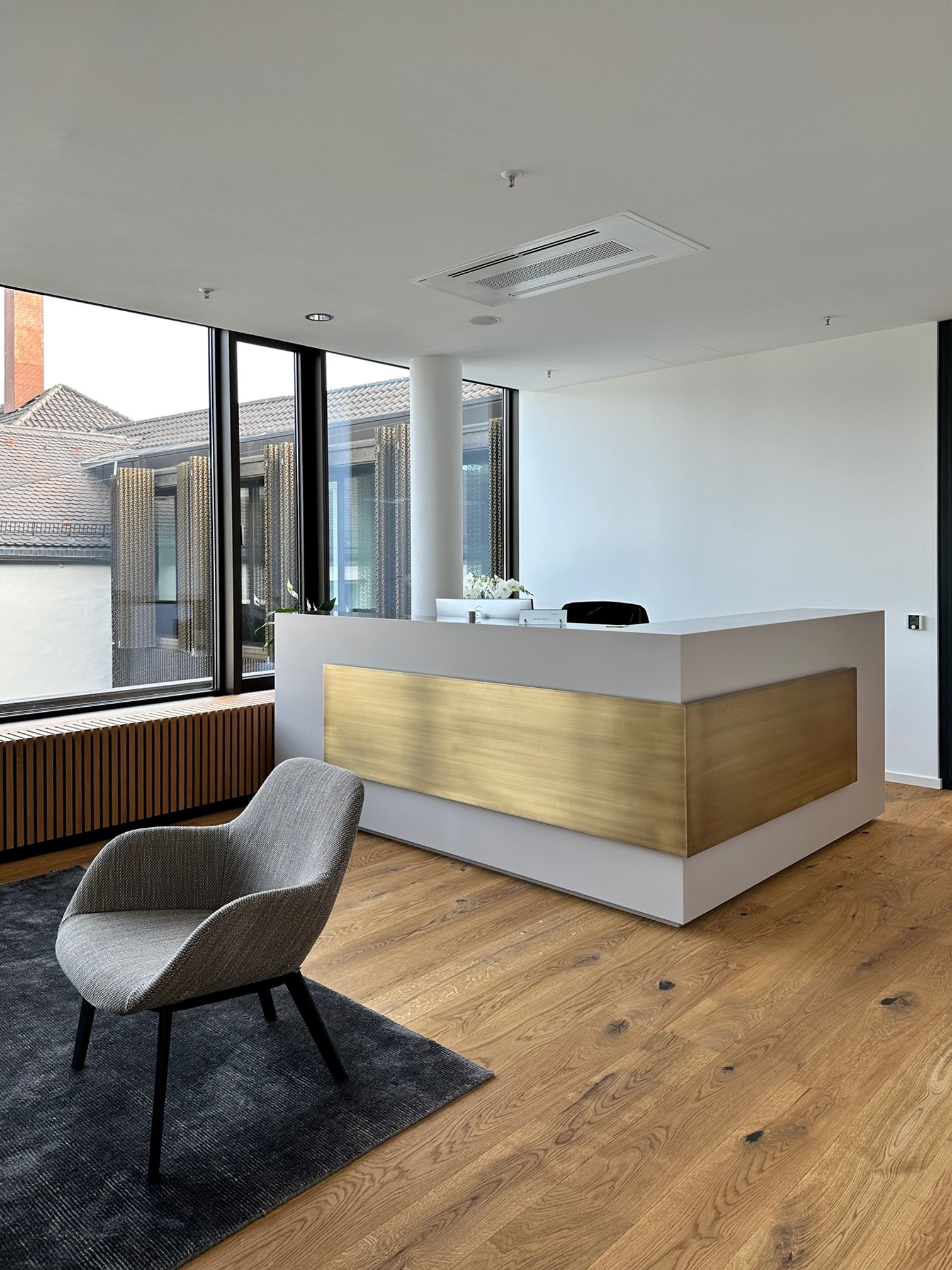 counter, gold, sitting, chairs, window, perforated shutters