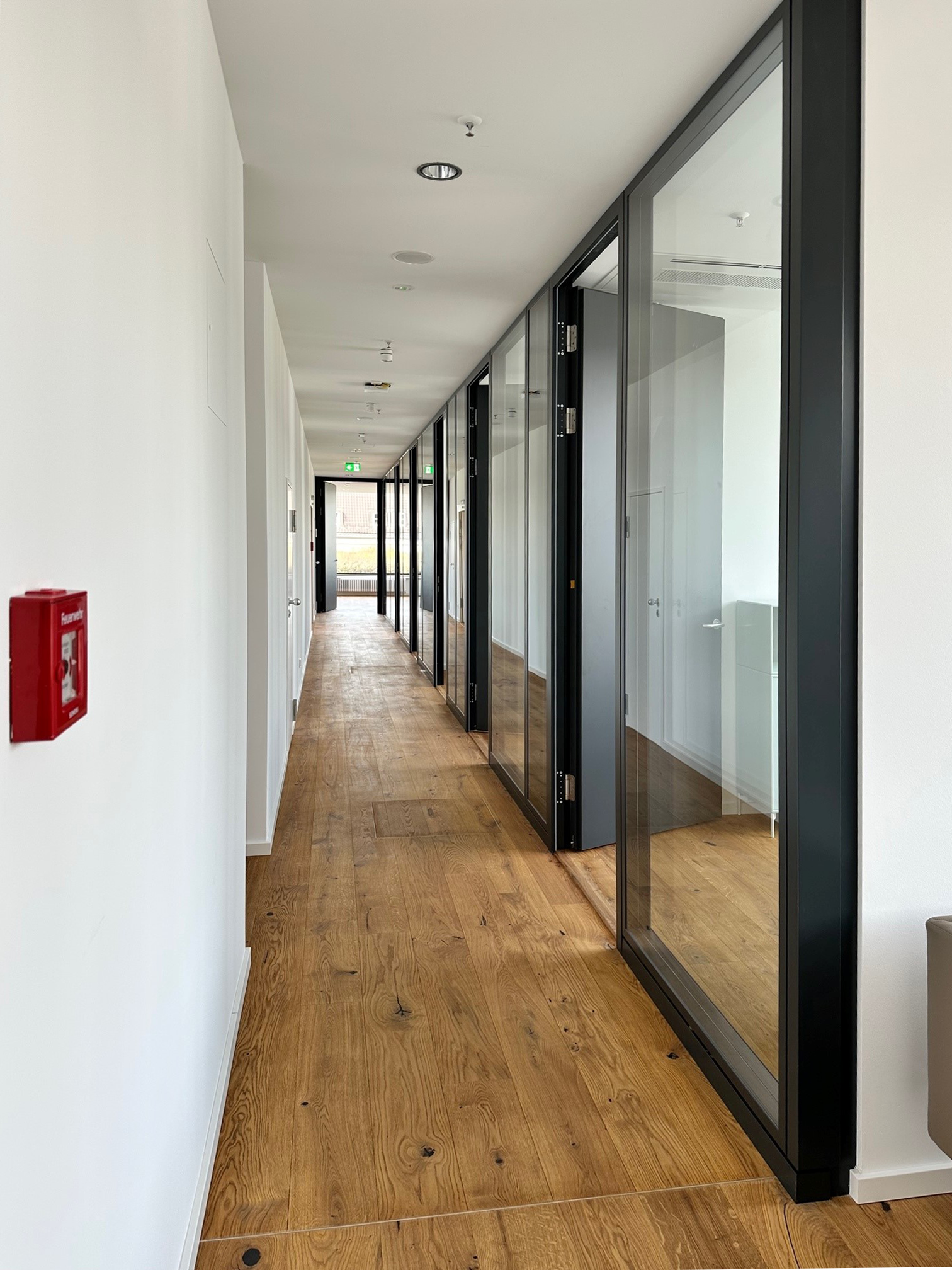 hallway, wooden floor, window, office