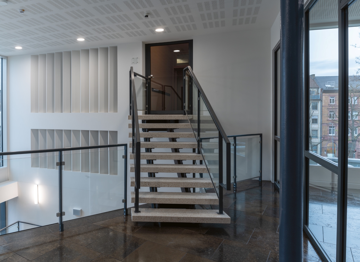 Staircase, stairs, glass door