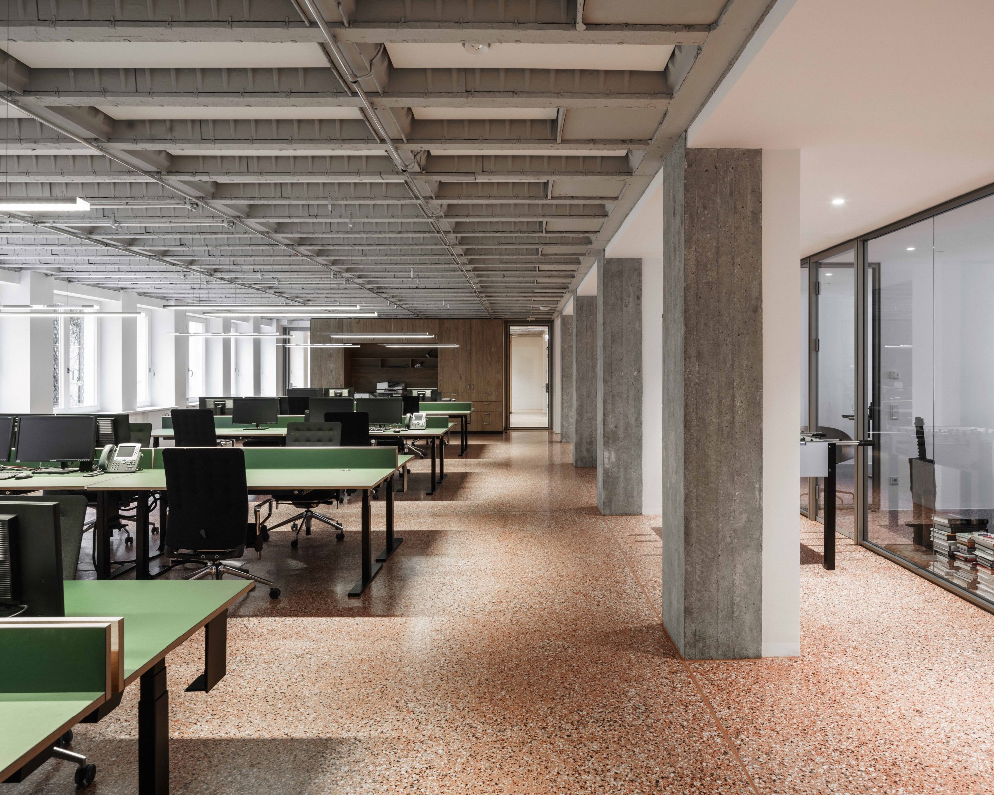 Interior, loft, open office, green, column, window, office, desks