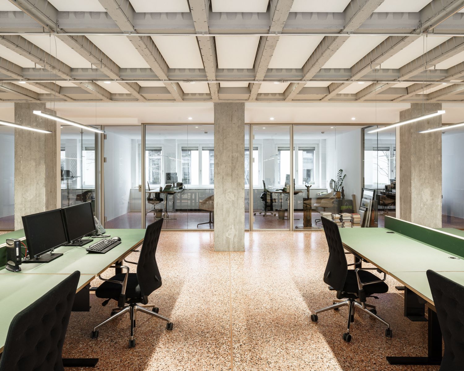 Glass partition, open office, coffered ceiling, furniture linoleum