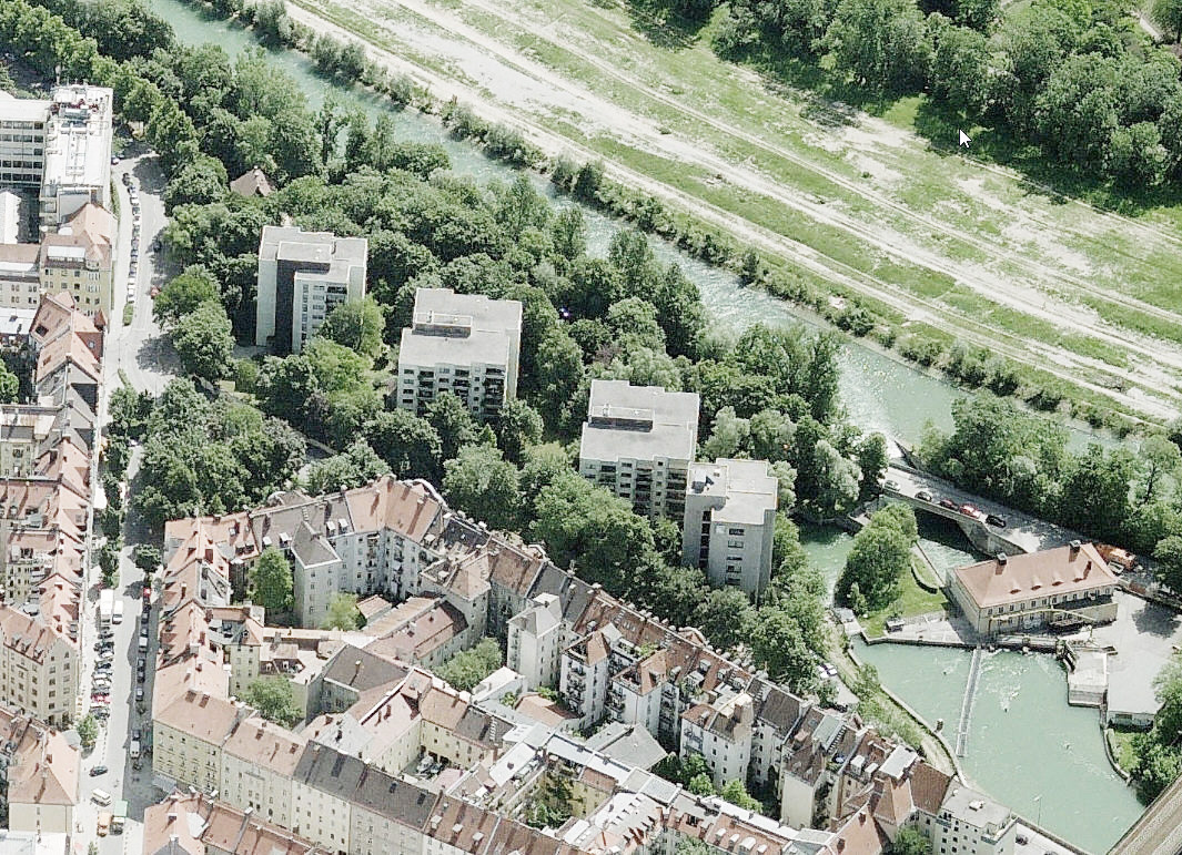 roecklhaus, isar, munich, view, aerial view