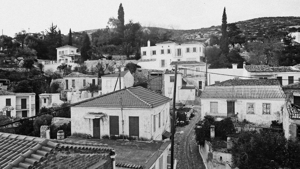 black and white, houses, mountain, green, nature, greece