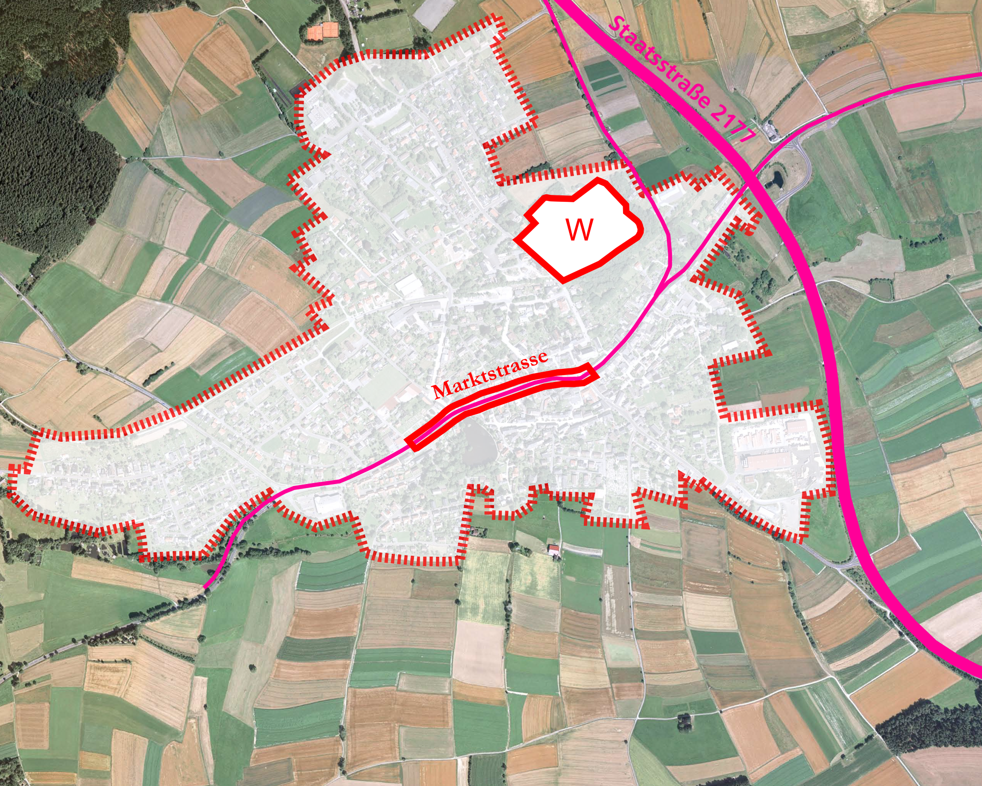 gebäude, winterling, lageplan, rot, pink, linien, vogelperspektive, luftansicht