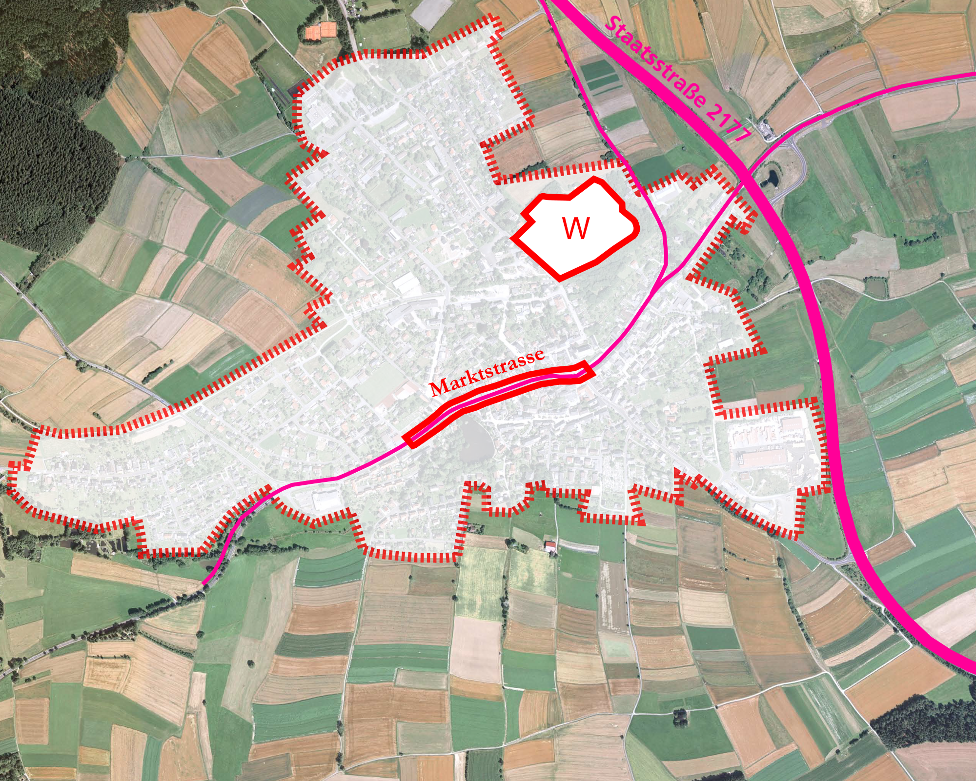  gebäude, winterling, lageplan, rot, pink, linien, vogelperspektive, luftansicht